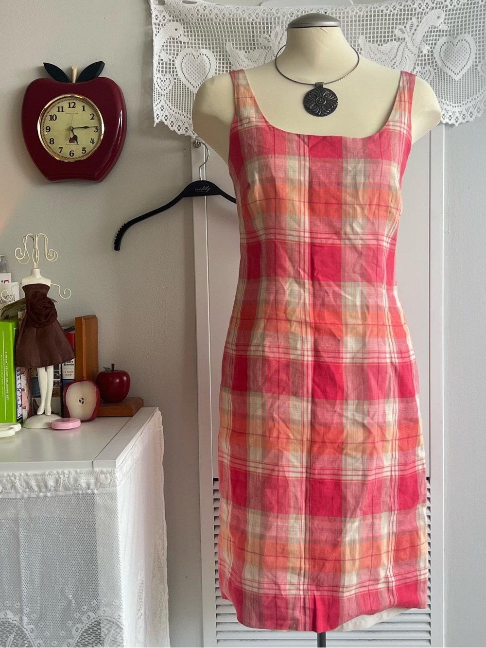Vintage Jones New York linen pink plaid midi dress